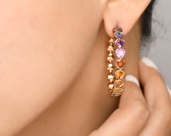 Rainbow sapphire bezel set heart cut hoops earrings gold | Natural 5MM 10CT rainbow sapphire hoops earrings gold | Rainbow ombre hoops gold