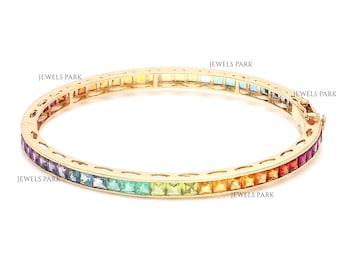 Rainbow Sapphire princess cut channel bracelet bangle gold | Natural rainbow gemstone princess cut ombre bangle gold | Rainbow gemstone gold