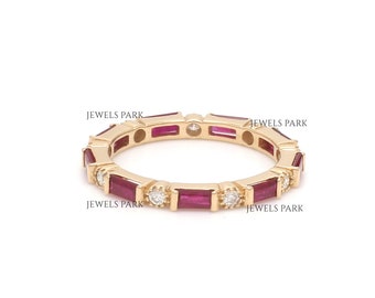 Ruby baguette channel set diamond eternity band ring gold | Natural red ruby diamond vintage eternity band ring gold | Red ruby gold band