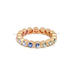 Rainbow sapphire bezel set eternity band ring gold | Natural multi sapphire rainbow ombre stackable ring gold | Rainbow round cut band gold