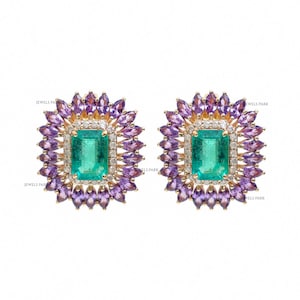 Lila Saphir Marquis Smaragd Diamant Ohrring Gold | Natürliche Smaragd achteck lila Saphir Ohrstecker | Smaragd Saphir Gold Ohrringe