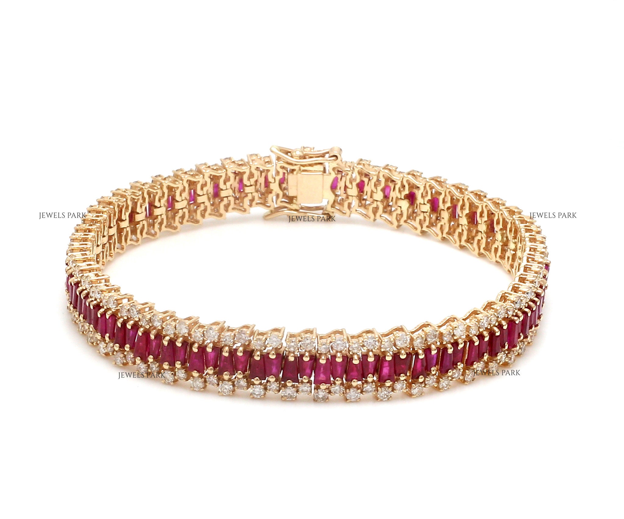 Ruby diamond tennis bracelet 14k solid gold | Natural red ruby tapered baguette diamond bracelet gold | Ruby tennis bracelet jewelspark