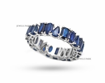 Blue sapphire emerald cut mix shape eternity band ring gold | Natural 7-8ct emerald cut oval pear sapphire eternity band | Birthstone ring