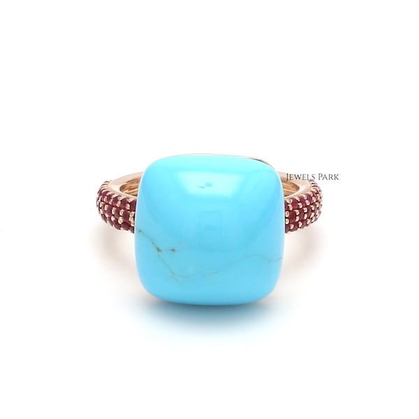 Natural turquoise and ruby ring gold | Big sugarloaf turquoise statement ring gold | Arizona sleeping beauty ring gold | Ruby wedding band