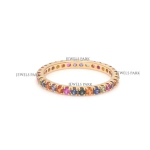 Rainbow sapphire round thin eternity band ring gold | Natural multi sapphire rainbow gradient ombre ring gold | Sapphire gold eternity band
