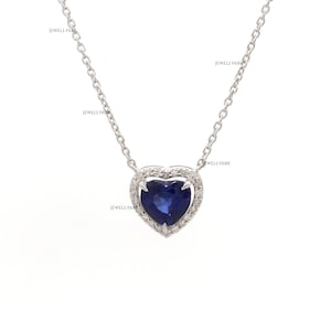 Blue sapphire heart and diamond pendant necklace gold | Natural blue sapphire heart halo pendant gold | Heart shape sapphire pendant gold