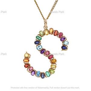Colar de safira arco-íris, colar com letra inicial, colar com letra de nome, pingente de letra grande, colar com várias pedras preciosas, colar arco-íris dourado