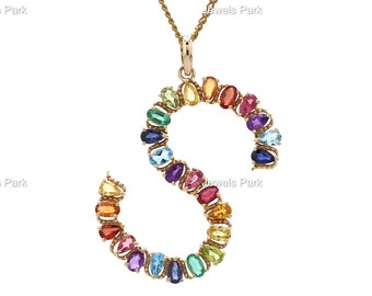 Regenbogen Saphir Halskette, Anfangsbuchstabe Halskette, Name Buchstabe Halskette, Großer Buchstabe Anhänger, Multi Edelstein Halskette, Regenbogen Halskette Gold