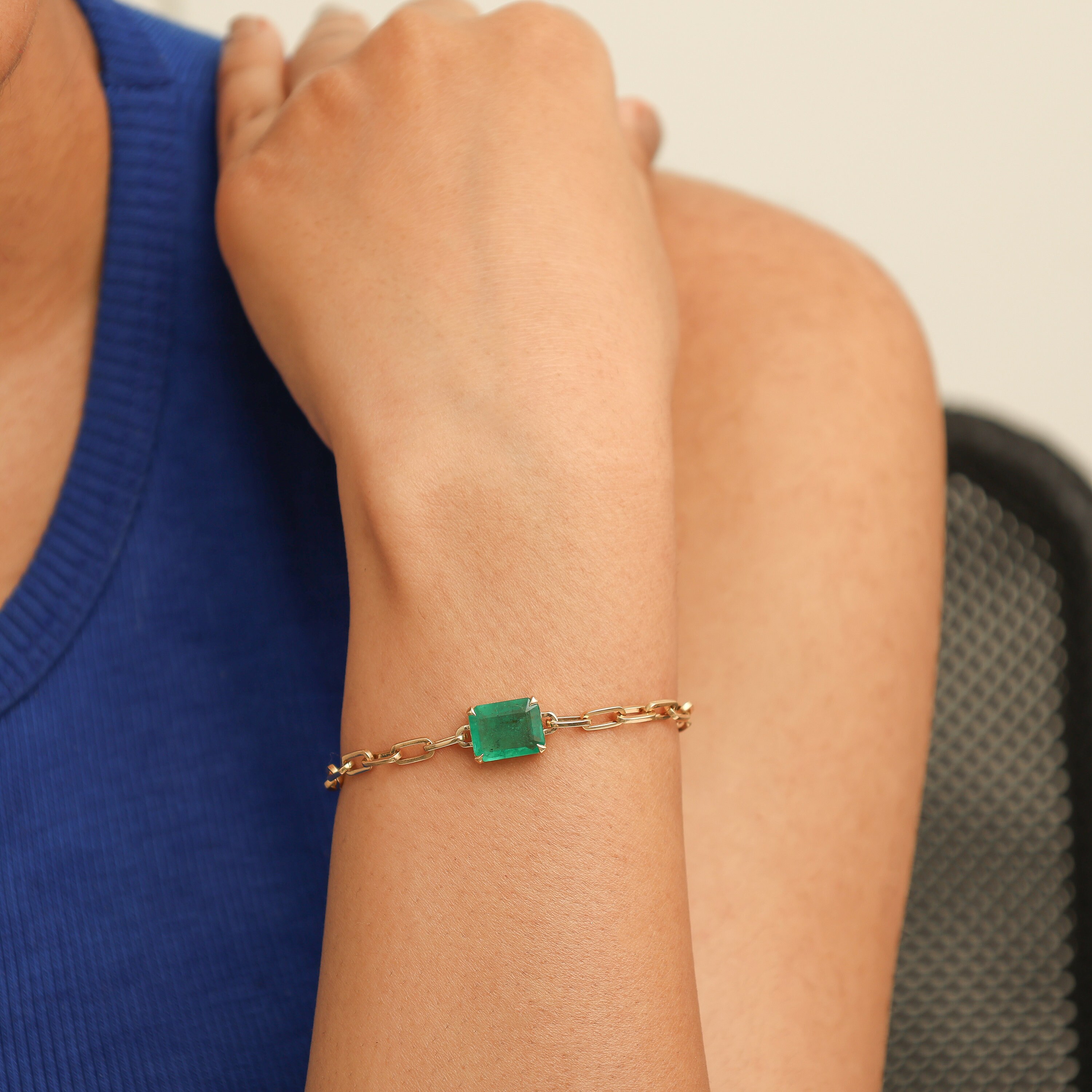 Emerald Cut Emerald Charm Link Chain Bracelet Gold | Natural