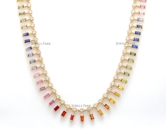 Regenbogen Saphir Baguette Diamant Tennis Kette gold | Natürliche Regenbogen Saphir Punkt und Strich Halskette Gold | Regenbogen Ombre Halskette Gold |