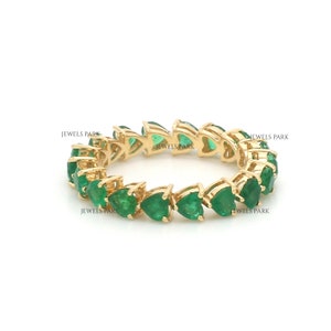Emerald heart prong set thin eternity band ring gold | Natural emerald heart stackable ring gold | Real emerald eternity band ring gold