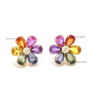Pendientes florales de corte de pera de diamantes de zafiro arco iris de oro / Pendientes de zafiro arco iris de pera natural de 5CT de oro / Studs de arco iris de oro