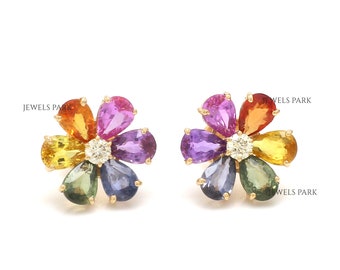 Rainbow sapphire diamond pear cut floral earring studs gold | Natural 5CT pear rainbow sapphire studs earrings gold | Rainbow studs gold