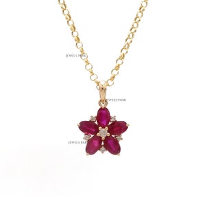 Ruby oval cut diamond floral pendant necklace gold | Natural ruby floral shape diamond pendant gold | Real ruby oval cut diamond pendant