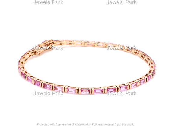 14K Solid Gold Pink Sapphire Tennis Bracelet Natural Pink 