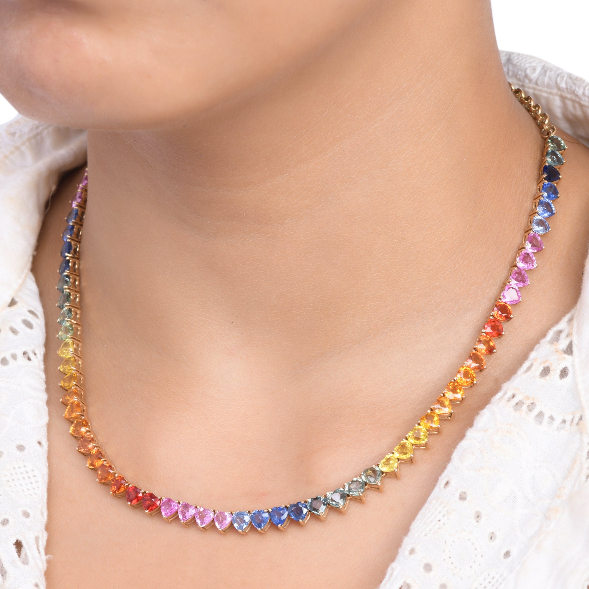 レインボー サファイア ハート型 テニス ネックレス 14K ゴールド