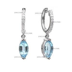 Aquamarine diamond marquise hoops earrings gold | Natural marquise cut aquamarine earrings gold | Aquamarine mini charm hoops earrings gold