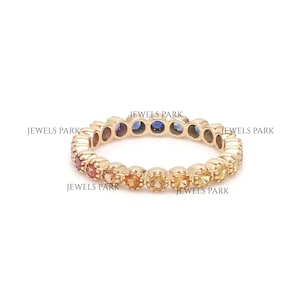 Rainbow sapphire round vintage prong set ring gold | Natural rainbow sapphire eternity band ring gold | Sapphire rainbow ombre vintage band