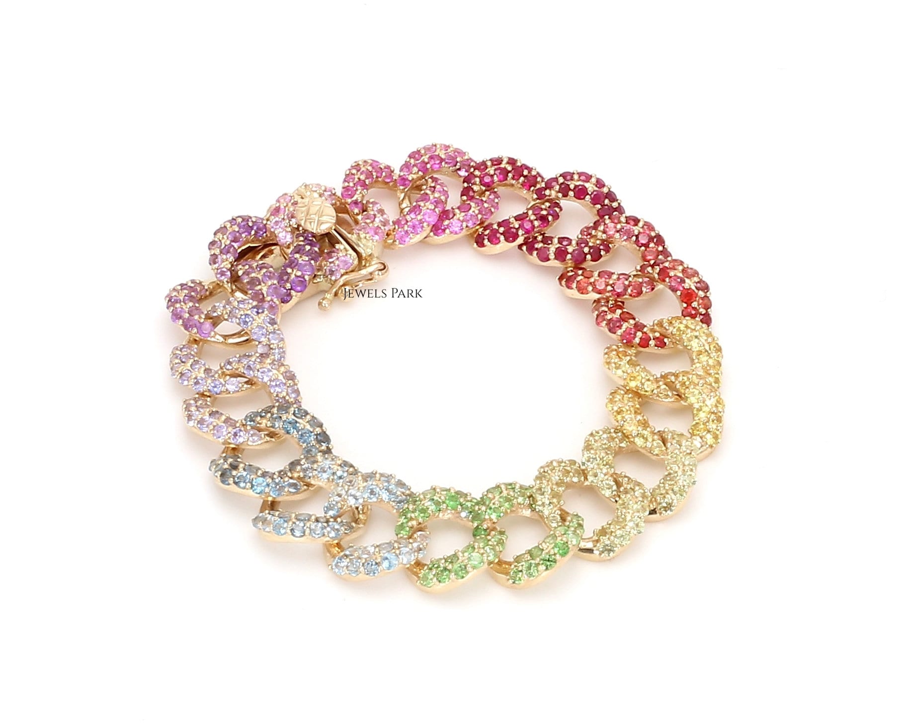 Rainbow Sapphire Cuban Chain Bracelet Gold Rainbow Ombre 