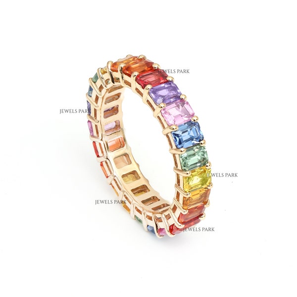 Rainbow sapphire octagon cut eternity band ring gold | Colorful octagon cut rainbow sapphire eternity band | Rainbow radiance eternity band