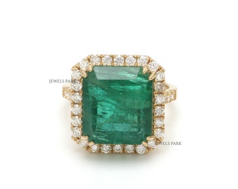 Real emerald diamond halo ring gold | Natural 10CTW emerald cut emerald solitaire vintage ring gold | Art deco emerald statement ring gold