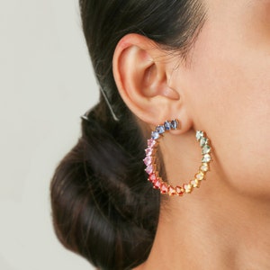 Rainbow sapphire pear cut hoops earring gold | Natural 5x4MM 14-15CTW rainbow sapphire baali hoops earring gold | Rainbow hoop earrings gold