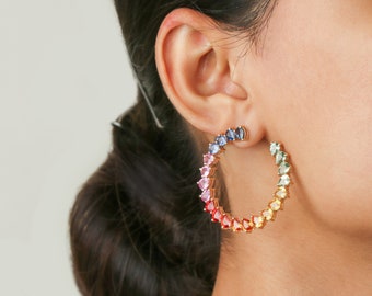 Rainbow sapphire pear cut hoops earring gold | Natural 5x4MM 14-15CTW rainbow sapphire baali hoops earring gold | Rainbow hoop earrings gold