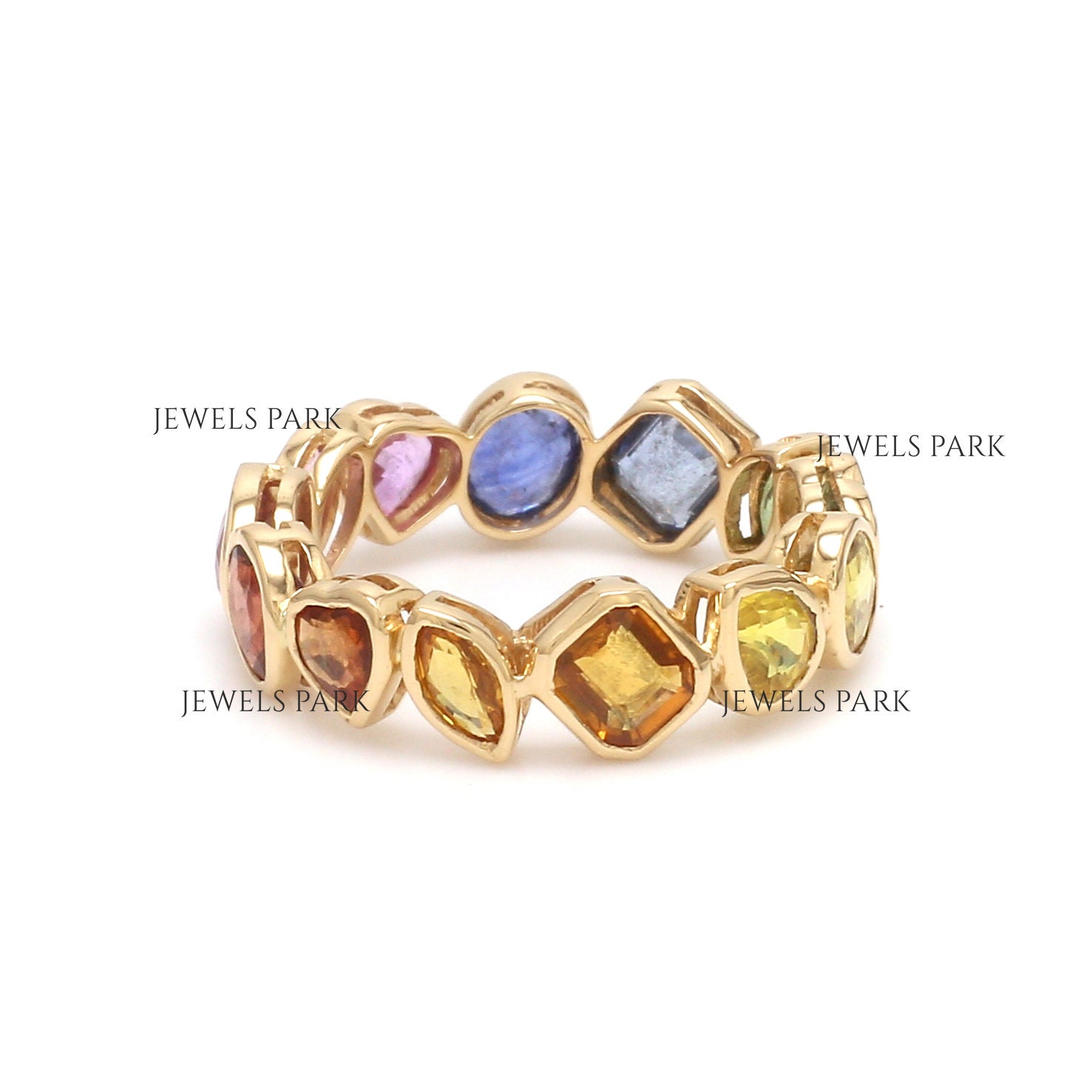 Rainbow Sapphire Mix Shape Bezel Set Eternity Band Ring Gold | Natural ...