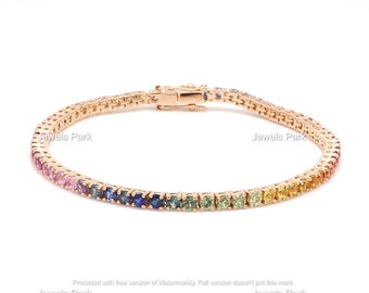 Rainbow sapphire tennis bracelet 14K solid gold | Natural multicolor sapphire tennis bracelet | Ombre gradient rainbow tennis bracelet gold