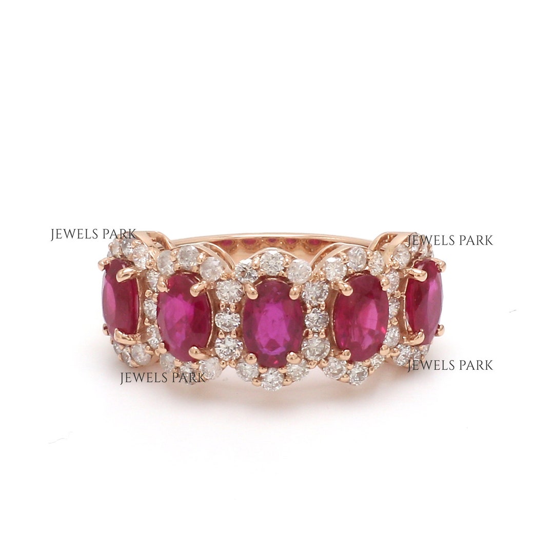 Real Ruby Diamond Oval Half Eternity Band Ring Gold | Natural Big Ruby ...