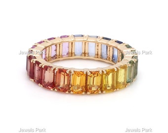 Regenbogen Saphir Multi Saphir Achteck Smaragd Eternity Bandring in 14k 18k Gold | Natürlicher 7 ct Multi Saphir Ombre Regenbogen Ring Gold