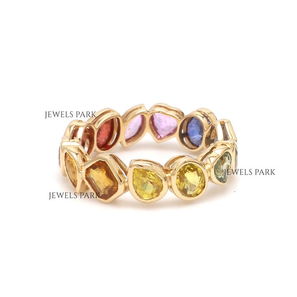 Rainbow sapphire mix shape bezel set eternity band ring gold | Natural multi sapphire rainbow ring gold | Rainbow ombre ring gold