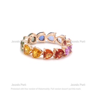 Rainbow sapphire eternity band ring heart shape in 14k 18k gold | Natural multi sapphire stackable ombre rainbow heart ring gold | Gay pride