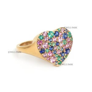 Multi sapphire emerald round heart shape ring gold | Natural multi gemstone pinky heart ring gold |Big  heart shape gemstone ring gold
