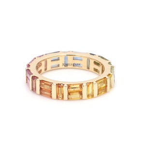 Rainbow Sapphire Baguette Cut Eternity Band Ring 14K Gold Natural Bezel ...