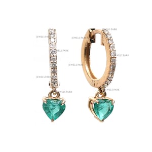 Emerald heart cut diamond mini hoops earrings gold | Natural heart emerald diamond earring gold | Emerald heart charm diamond earrings gold
