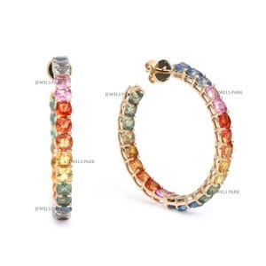 Rainbow sapphire cushion cut hoops earring 14K gold | Natural 4MM 15CT rainbow sapphire ombre hoops earrings | Rainbow ombre big hoops gold