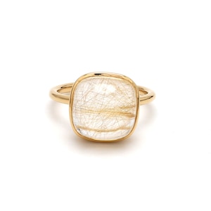 Golden rutile quartz pomellato style bezel set cabochon ring in 14k 18k gold, Natural rutilated quartz stackable minimal pomellato ring gold