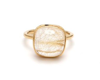 Golden rutile quartz pomellato style bezel set cabochon ring in 14k 18k gold, Natural rutilated quartz stackable minimal pomellato ring gold