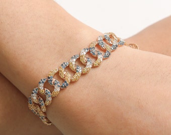 Blue yellow sapphire diamond cuban bracelet gold | Natural sapphire diamond cuban bracelet gold | Sapphire round diamond cuban chain gold