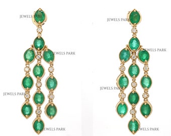 Real emerald oval cut filigree art deco earrings gold | Natural 8CT oval emerald chandelier dangling earring gold | Antique emerald earrings