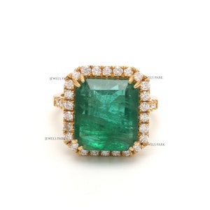 Emerald diamond cocktail ring gold | Natural emerald octagon cut solitaire vintage ring gold | Emerald diamond big art deco ring gold