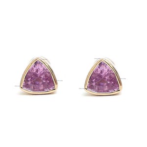 Pink sapphire mini piercing stud earrings gold | Natural pink sapphire trilliant cut earrings gold | Pink sapphire trilliant ball back studs