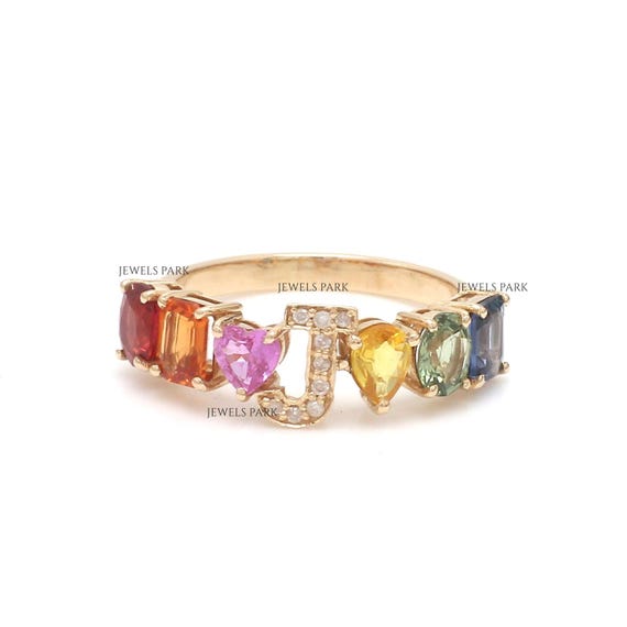 Rainbow Sapphire Initial Letter Ring Gold Natural Sapphire Mix