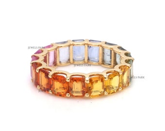 Rainbow sapphire emerald cut eternity band ring gold, Natural 8CT multi sapphire octagon ring, Rainbow eternity band ring, Rainbow ring gold