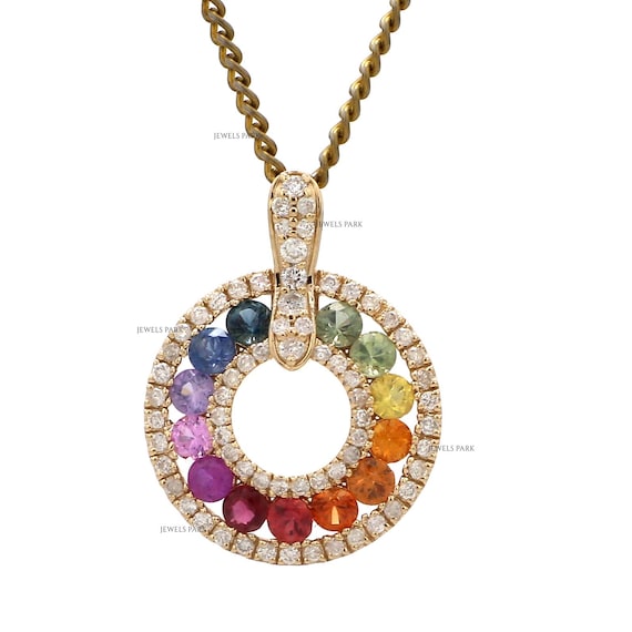 レインボーサファイアペンダントネックレス 14K ソリッドゴールド 16 