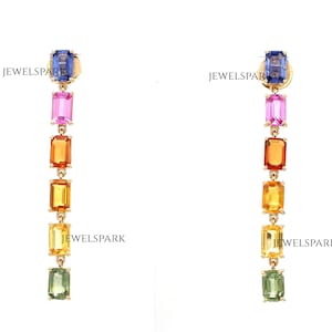 Rainbow sapphire emerald cut dangling earrings gold | Natural emerald cut sapphire hoops earrings gold | Real rainbow sapphire earrings gold