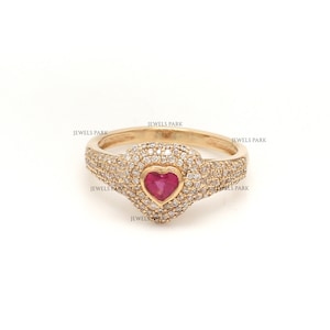 Ruby heart diamond statement ring gold | Natural ruby red heart diamond pave set ring gold | Red ruby heart shape diamond studded ring gold