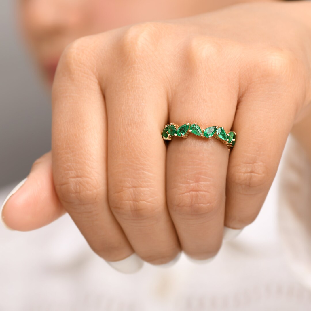 Real Emerald Pear Eternity Band Ring Gold | Natural 3-4CTW Emerald Pear ...