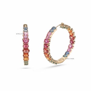 Rainbow Sapphire ruby oval cut hoops earring 14K 18K gold | Natural oval graduating size rainbow sapphire ruby inside out hoops earring gold